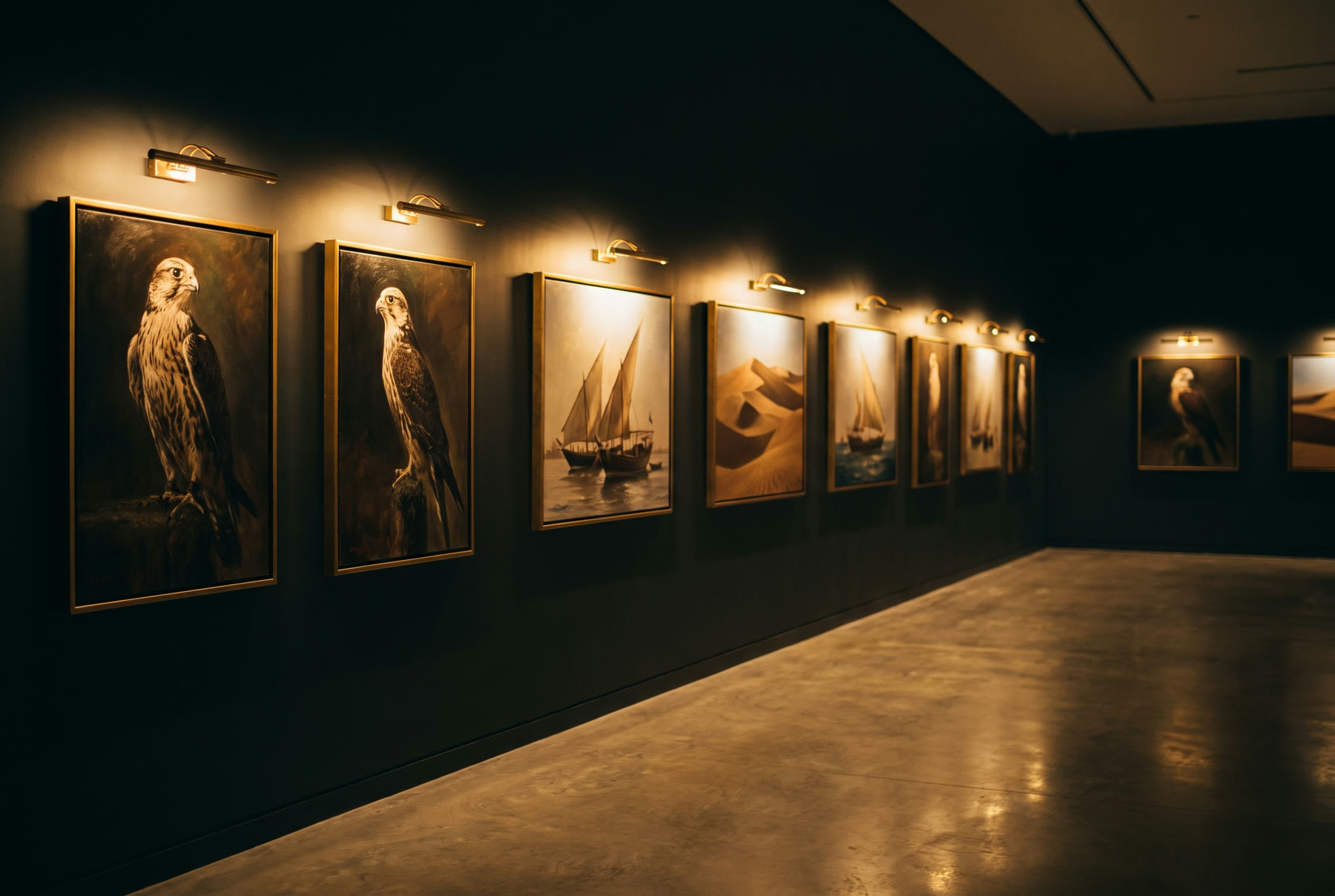 Framed Sada portraits hung on a dark gallery wall, each lit by its own picture light